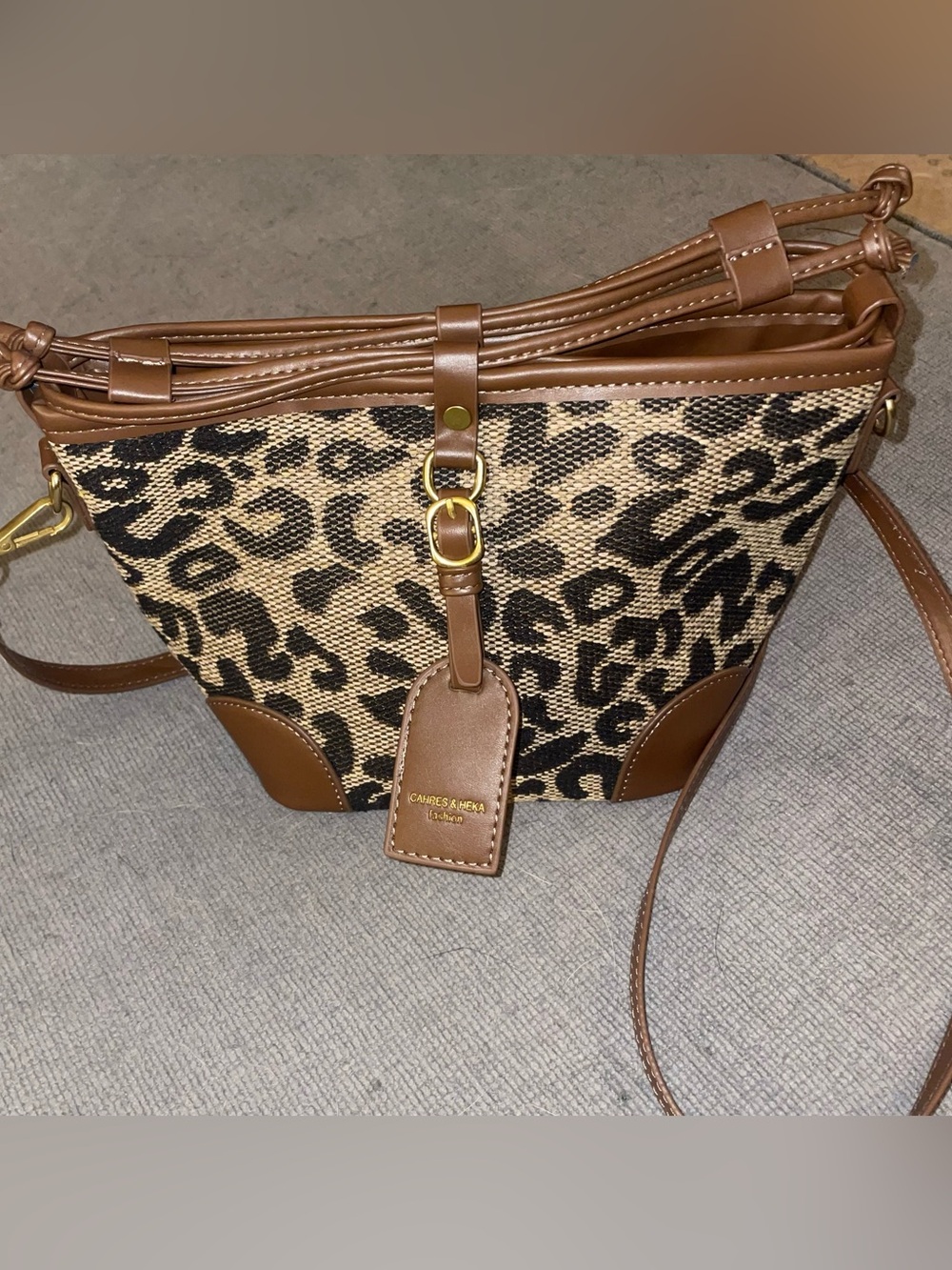 Cahres & Heka Leopard Print Crossbody Bag with Brown Trim, NWOT